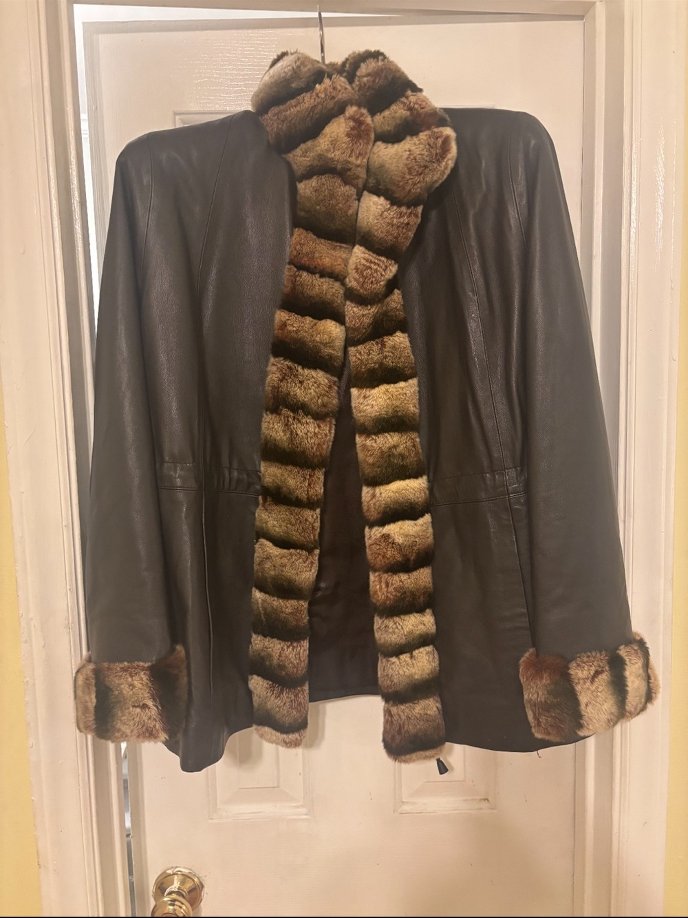 Macy's Black Leather Jacket with Brown Fur Trim